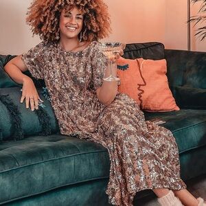 Maeve by Anthropologie Bernadette Rose Gold‎ Sequin Tiered Midi Dress Size 1X